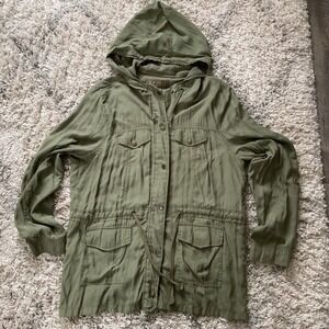 Angel Kiss Womens 2X Olive Green Utility Jacket Hooded Cotton Blend